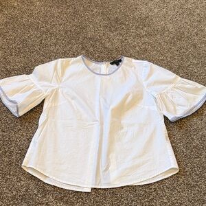 J Crew White Puff Sleeve Cotton Top with Blue Trim